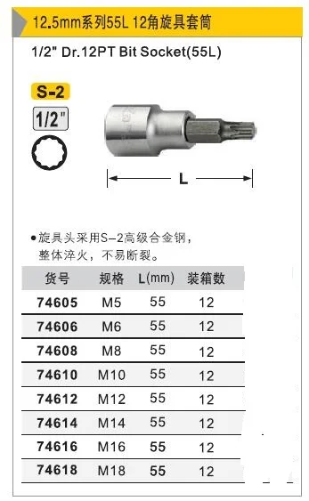 Строительный Инструмент, Тайваньская Марка S-2, легированная сталь, 12,5 мм, 1/2 дюйма, DR. Метрическое гнездо 12pt L:55 мм M5 M6 M8 M10 M12 M14 M16 M18