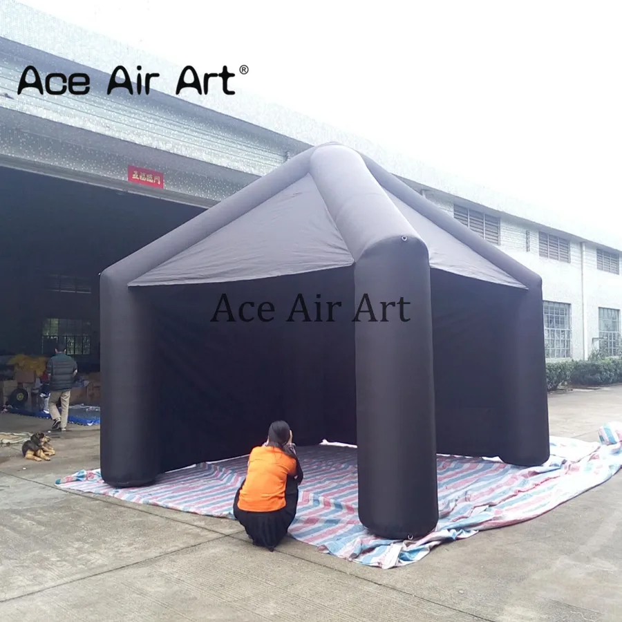 Black Inflatable Square Tent 4 Legs Cubic Canopy Structure Shelter House with 2 Sides Cover for Party and Show Events