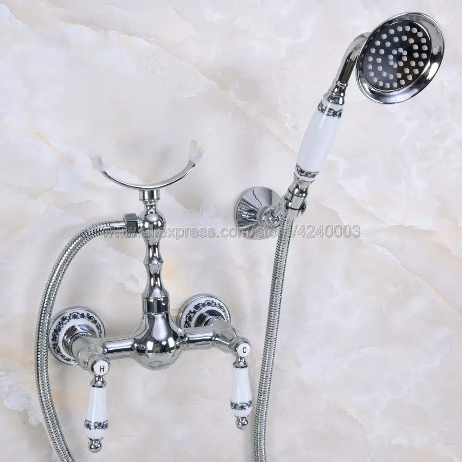 Polished Chrome Bath Faucets Wall Mounted Bathroom Basin Mixer Tap Crane With Hand Shower Head Bath & Shower Faucet Kna262