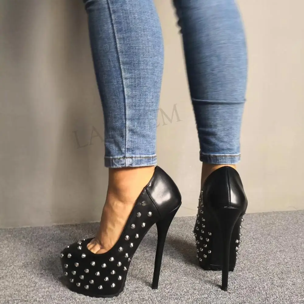 LAIGZEM Women Pumps Platform Stiletto Heels Punk Cool Rivets Summer Autumn Club Shoes Woman Zapatos Mujer Large Size 36 42 4552