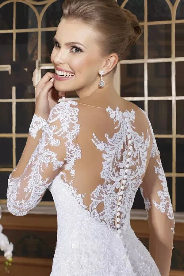 Giá rẻ Đầm Vestido de noiva 2019 Tự Làm Vestidos de novia Tay Dài Ren Nàng Tiên Cá Váy Cưới xù Đuôi Cá Áo Cưới