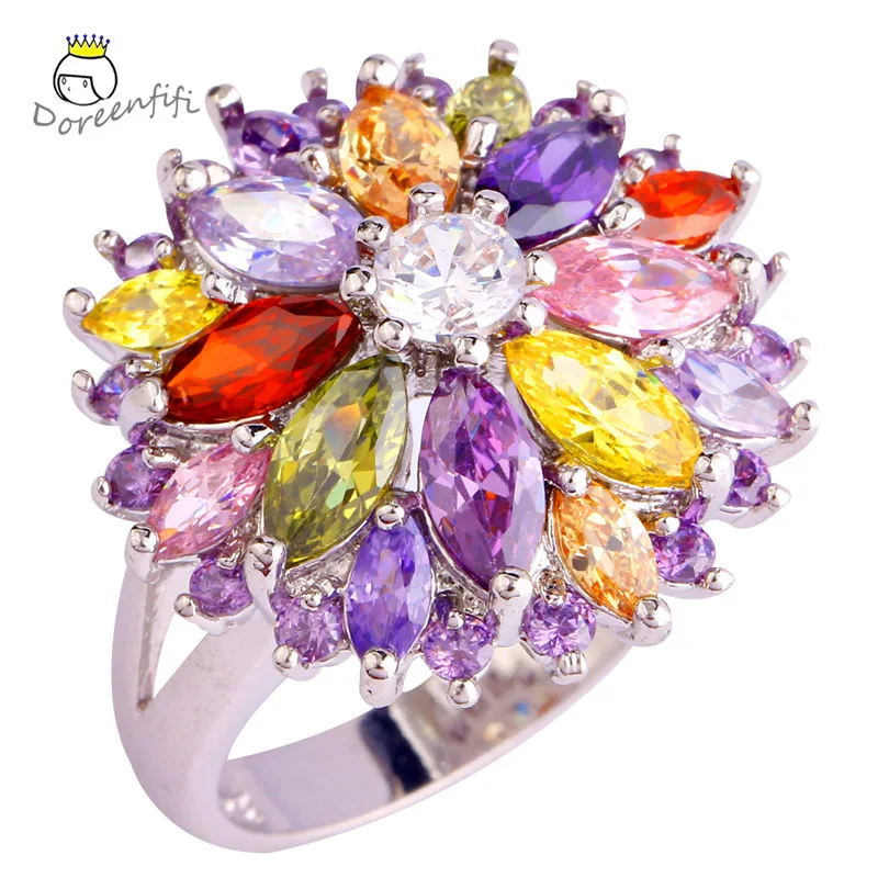 Wholesale Cluster Peridot Red Purple Cubic Zircon 925 Sterling Silver Ring Size 6 7 8 9 10 11 12 13 Women Jewelry Flower Wedding