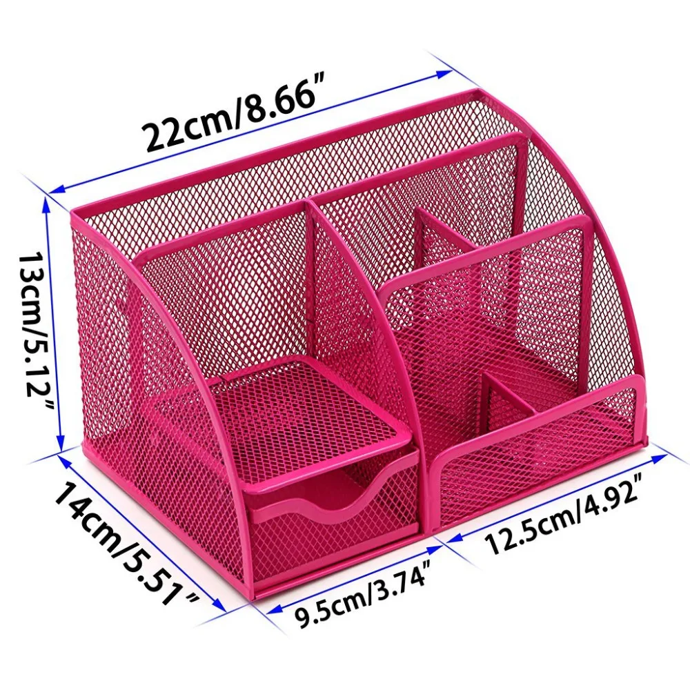 Hot Pink Office Supplies Mesh Desk Organizer Desktop Pencil Holder Accessories Caddy with Drawer, 7 Compartments