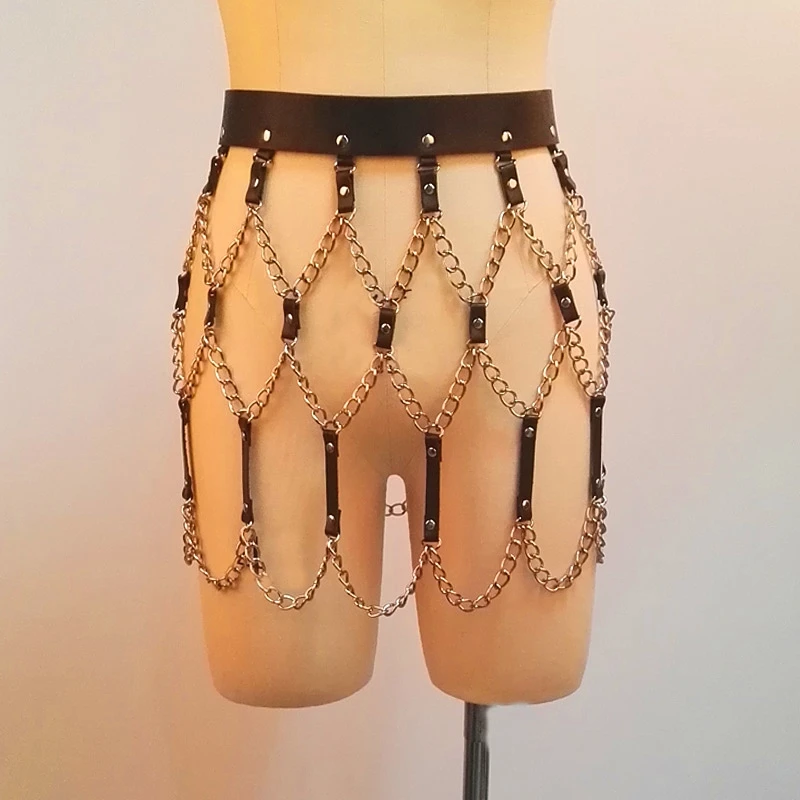 

100% Handmade Women Punk Leather Skirt Caged Chain Links Waist Skirt Bondage Belt Photo Shoot Dancing Bottom Harness