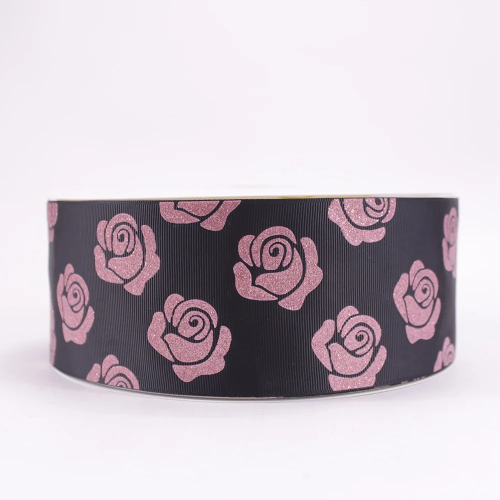 

3" 75mm Glitter Pink Foil Rose Flower Printed Grosgrain Ribbon For Valentine Accessaries Decoration 10Yards