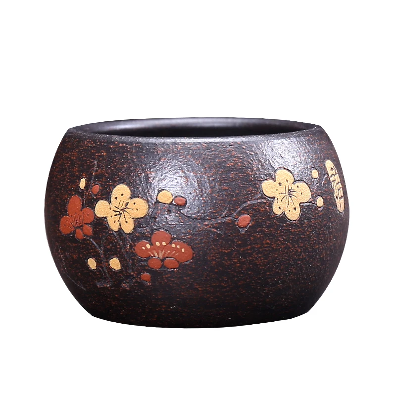 one cup real yixing zisha tea cups wintersweet flower relief handmade kungfu tea cup marked black galaxy clay cup of tea on sale