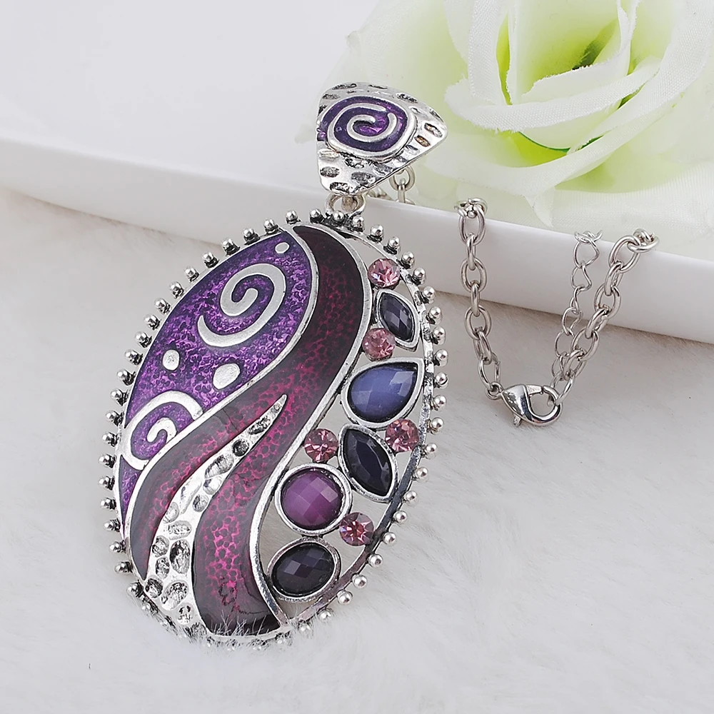 Fashion Boho Necklace Vintage Hollow Out Enamel Rhinestone Statement Charm Pendant Women Jewelry