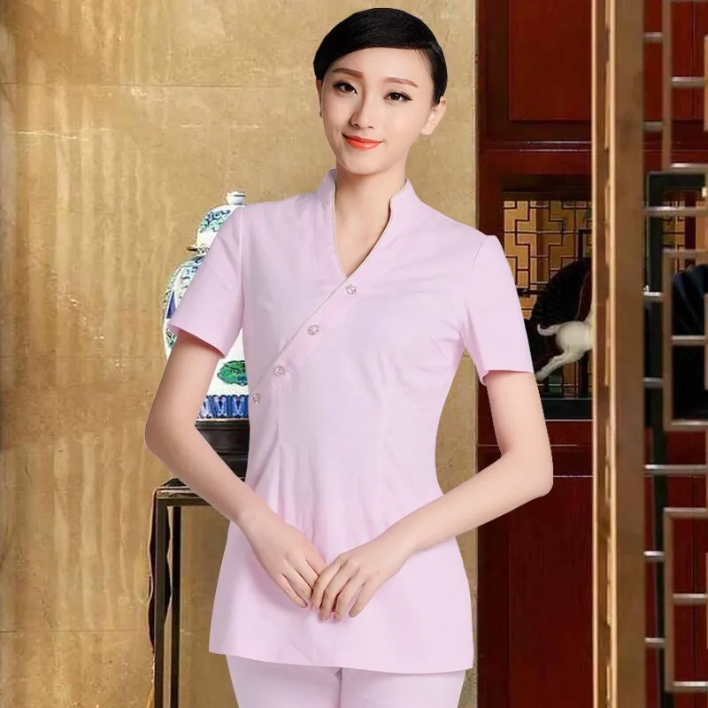 Health Club Work Clothing Female Teahouse Waitress Clothes Beauty Salon SPA Uniform 2piece Set Embroider DIY Logo Uniforms