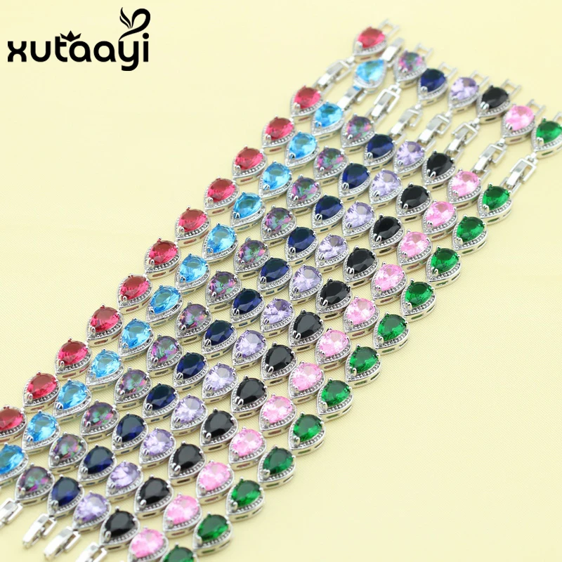 Hot Sell Silver Color Jewelry For Women Water Drop Green Imitated Emerald  Fashion Link Chain Bracelets Length 18+2cm Free Box