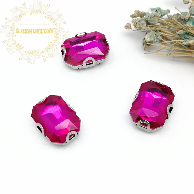 Rose Red Rectangle Shape Glass Rhinestones With Silver D Claw Sew On Crystal Stone Strass Diamond Metal Base Buckle For Clothes