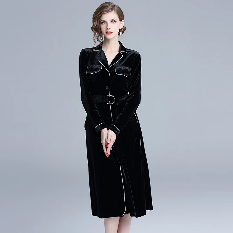 2019 new gold velvet long-sleeved slim fashion V-neck temperament dress