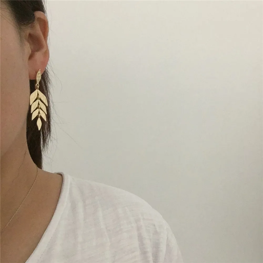 Casual Worm Gold Or Silver Color Hammered Leaf Linked Leaf Tree Drop Earrings For Women