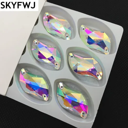 Wholesale All Sizes Glass Crystal Clear AB S Leaf Shape Sew on Rhinestone Flatback 2 holes Silver Base 6x12,10x20,15x30mm