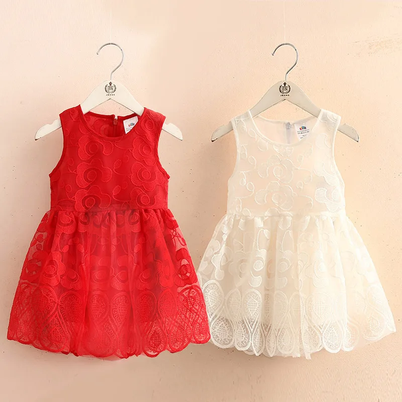 2024 Hot Summer 2 3 4 5 6 7 8 9 10 Years Child White Red Embroidery Tank Sundress Mesh Sleeveless Lace Dress For Kids Baby Girl