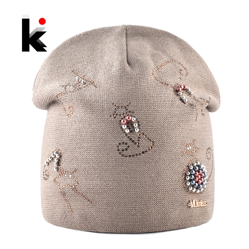 Winter Knitted Hats For Women New Fashion Beanie With Cute Rhinestone Pearls Cats High Quality Cap Ladies Knit Skullies Bonnet