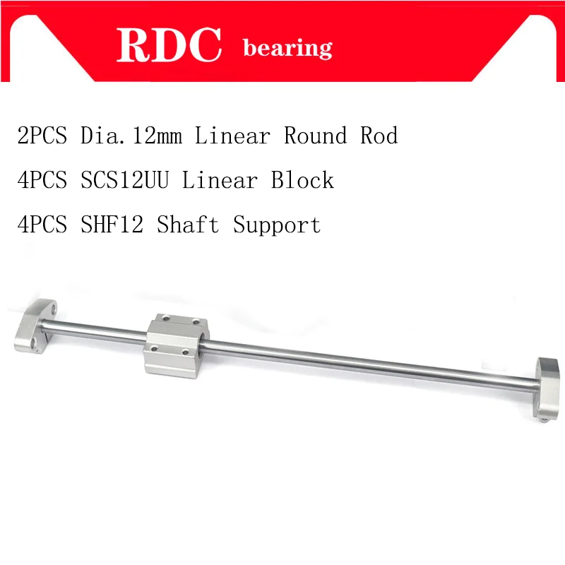 2pcs Dia. 12mm Linear shaft round rod 100 200 300 400 500mm + 4pcs SCS12UU Linear Slide Block Bearing +4pcs SHF12 Shaft Support