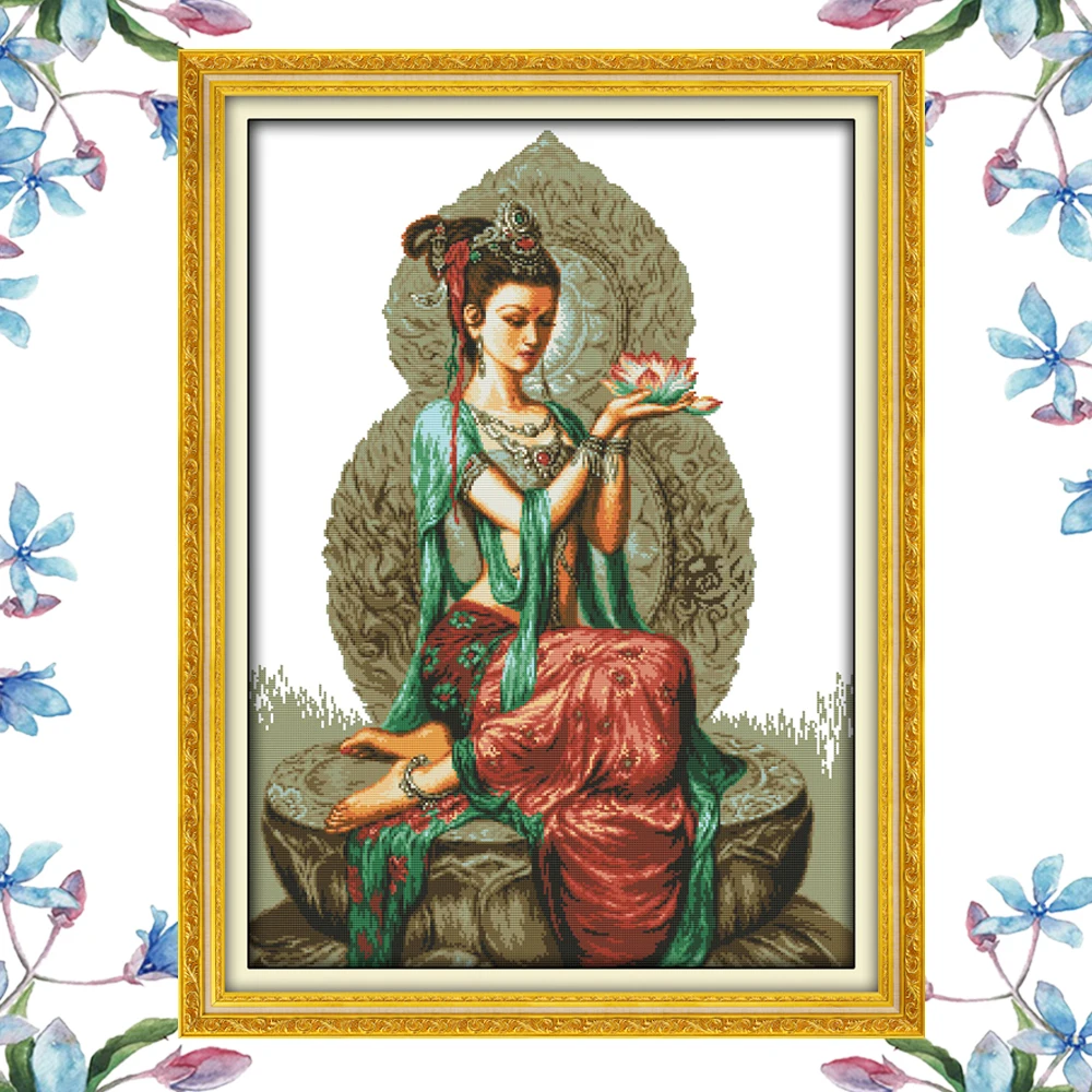 NKF Dunhuang lotus female handcraft needlepoint kits counted stamped canvas Christmas cross stitch sets for home decoration