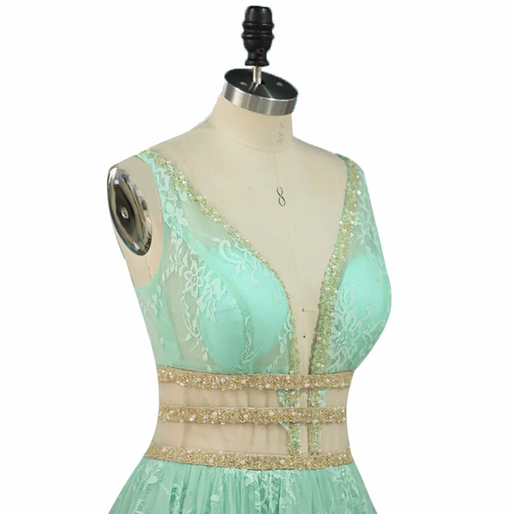 ANTI Romantic Mint Lace Evening Dress Long 2019 Vestido De Festa Sleeveless Beads A-Line Robe de Soiree Formal Evening party