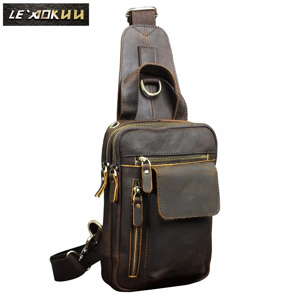 Quality Men Crazy Horse Leather Fashion Sling Chest Bag Design Travel Triangle Cross body Bag Daypack 8\