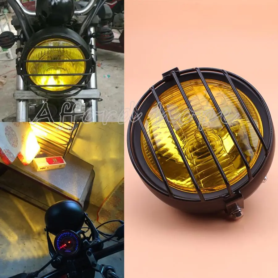 Motorcycle Black Metal Retro Grill Mask + 12V Hi/Low Bean Blub Yellow Lens Front Headlight For Honda CB100 CB125S CL GN125 CG125