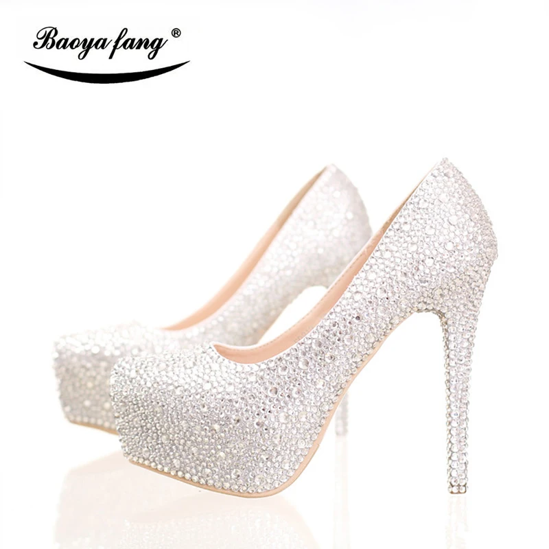 Bao Ya Fang Silvery crystal Rhinestone wedding shoes women Bridal High heels  Platform shoes woman party dress shoes female