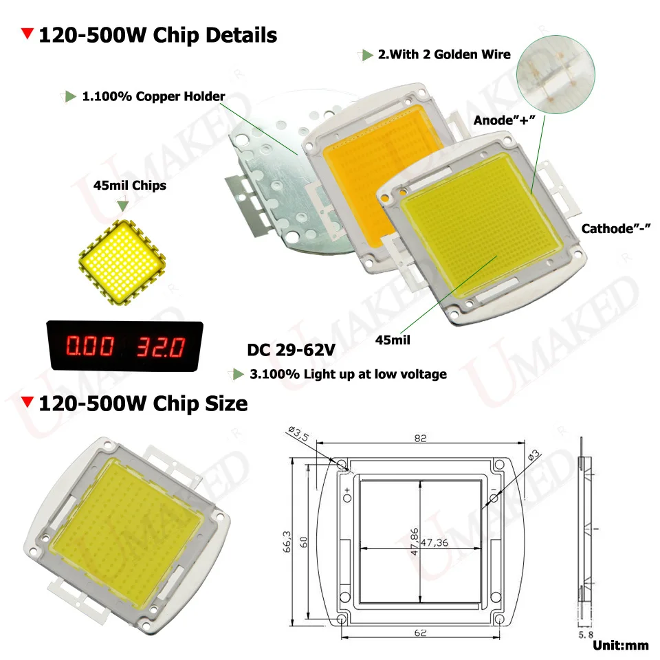 Imagem -04 - Potência Led Cob Smd Epistar 45mil Chips de Luz 120w 150 200w 300w 500w Quente Branco Fresco Lâmpada Led Spotlight Cob Diodo Alta