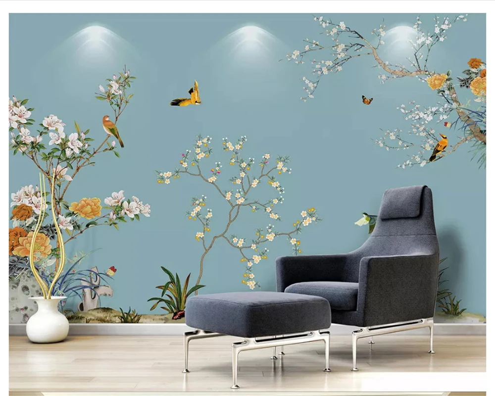 

beibehang Custom hand-painted new Chinese wallpaper plum blossoms flowers birds murals decorative painting butterfly wall paper