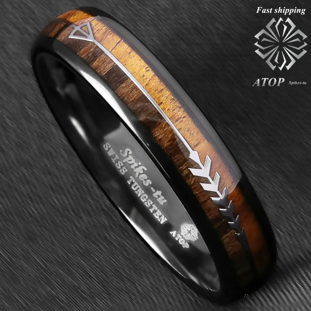 6mm Black Dome Tungsten Ring 2 Style Wood Arrow Wedding Band ATOP Men Jewelry