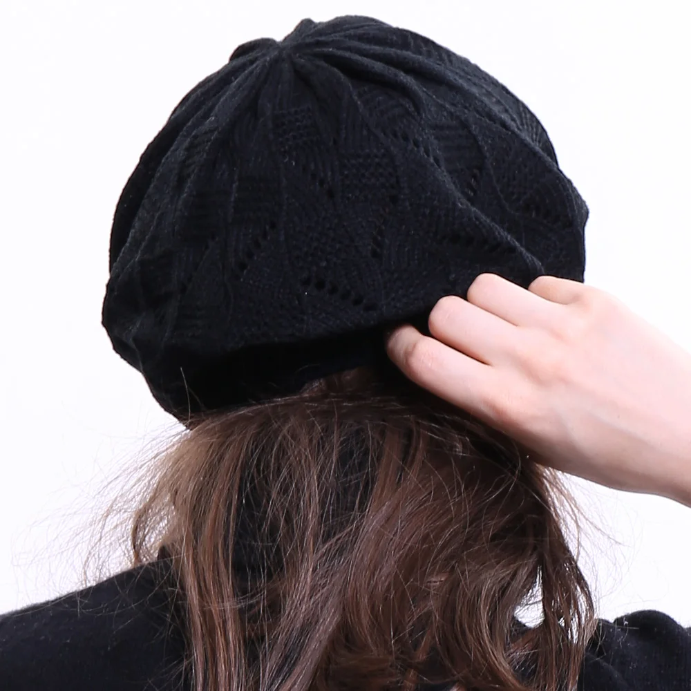 Geebro Women\'s Plain Color Knit Beret Hat Ladies French Artist Beanie Beret Hats Spring Casual Thin Acrylic Berets for Women