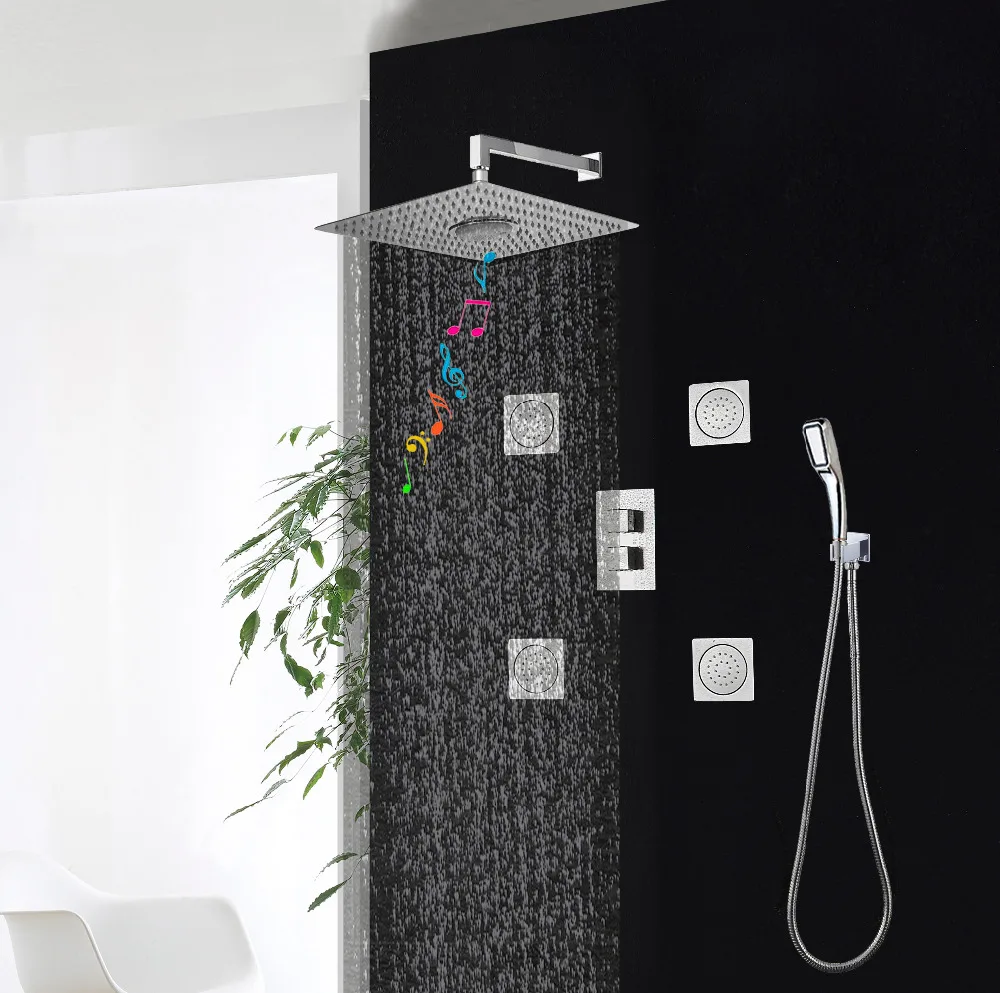 Shower Set Music FM Radio Bluetooth Rain Shower 3 Ways Thermostatic Mixing Valve Massage Jets Square Shower Head 400x300mm Units