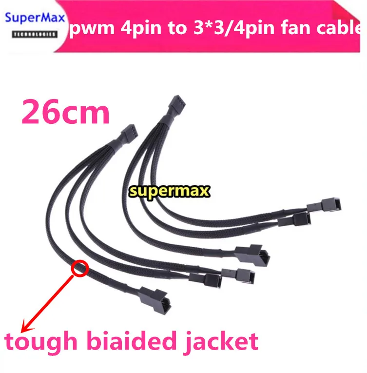 

100/500PCS High Quality 4 pin PWM Fan Cable 1 to 3 ways Splitter Black Sleeved 26cm Length Extension Cable Connector Wholesale