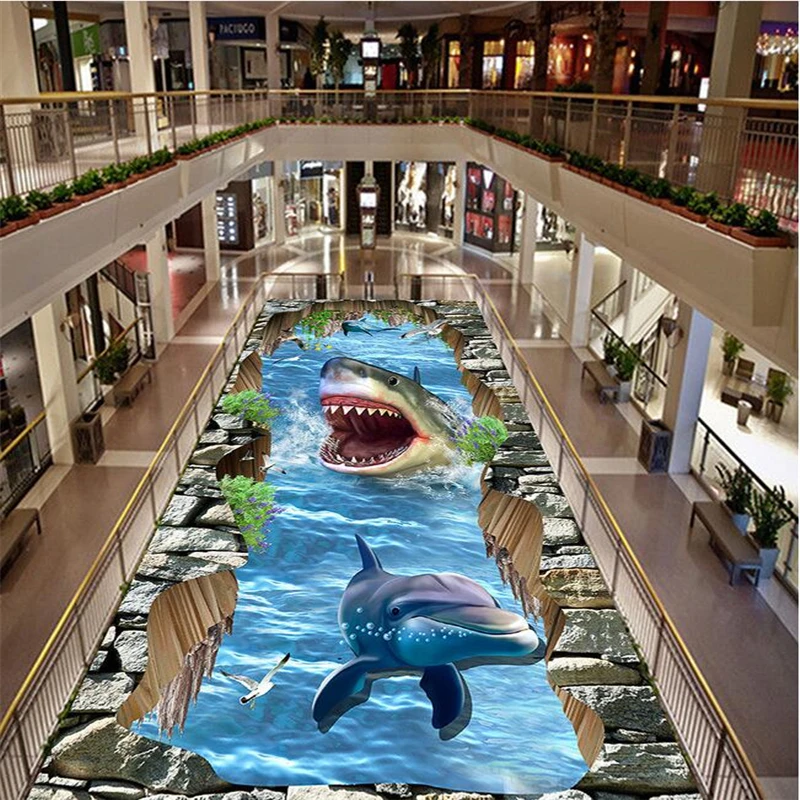 beibehang 3D floor wallpaper marine world shark 3D stereo outdoor painting floor vinyl floor waterproof self-adhesive wallpaper