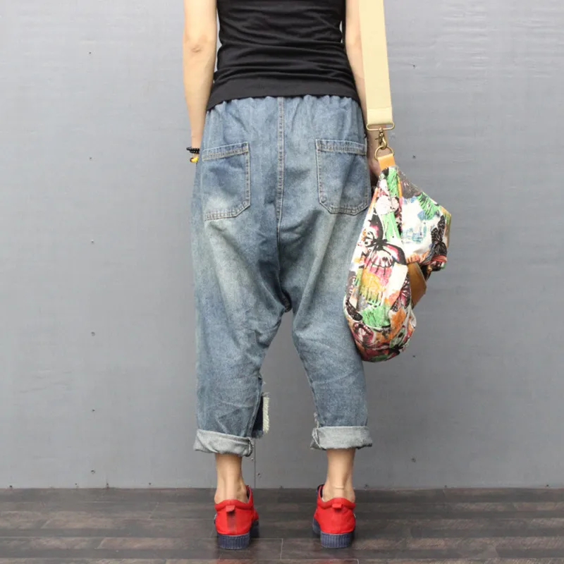TIYIHAILEY Ankle Length Pants for Women, Denim Trousers, Elastic Waist, Casual Patchwork 3/4 Pants with Holes New Fashion 2025