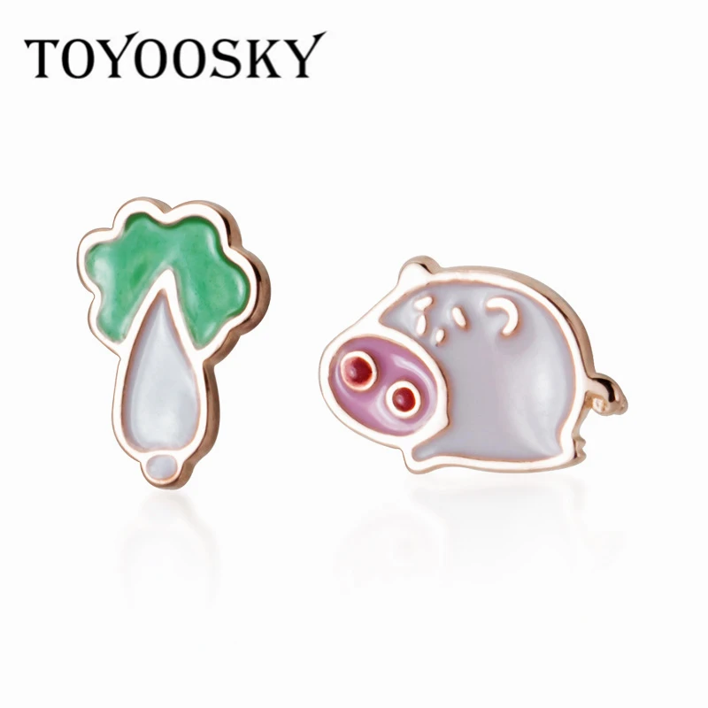 925 Sterling Silver Enamel Pig Cabbage Asymmetry Stud Earrings For Kids Students Girls Contracted Personality Jewelry