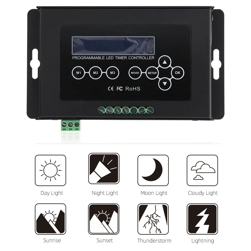 322-6A time programmable LED controller, DC12-36V 4CH 24A LED timer controller, built in storm, lightning, sunrise, sunset speci