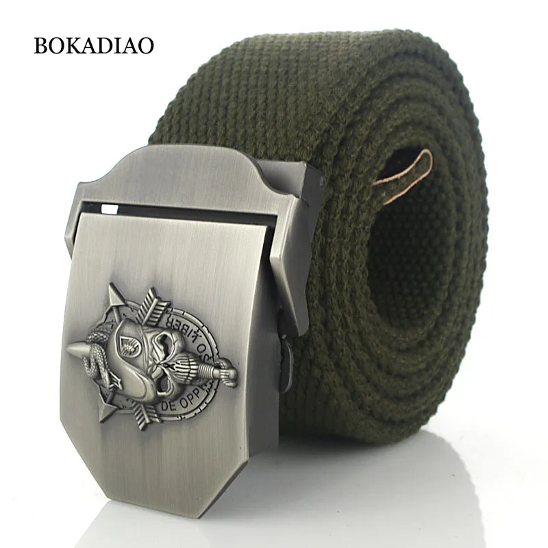 BOKADIAO Men&Women Military Canvas belt luxury Skull Metal buckle jeans belt Army tactical belts for women waistband strap male