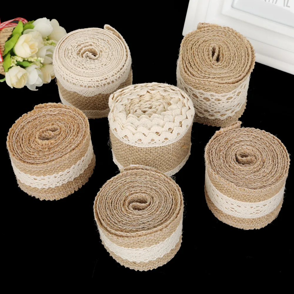 2M/lot Width 5cm/6cm Ivory Color Natural Jute Rolls Burlap Hessian Ribbons with Cotton Lace For DIY Ornament Burlap Wedding view 4