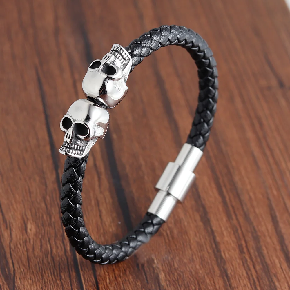 Hyperbole Men Jewelry Black Braided Leather Bracelets Men Stainless Steel Leahter Bracelets Cool Skull Bracelets Men Bracelet