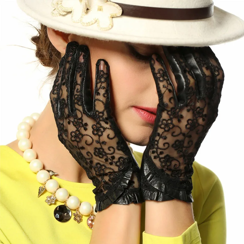 Hot Sale Medival Lolita Women Lace Genuine Leather Gloves Unlined Nappa Lambskin Wrist Sunscreen Glove Free Shipping L095N