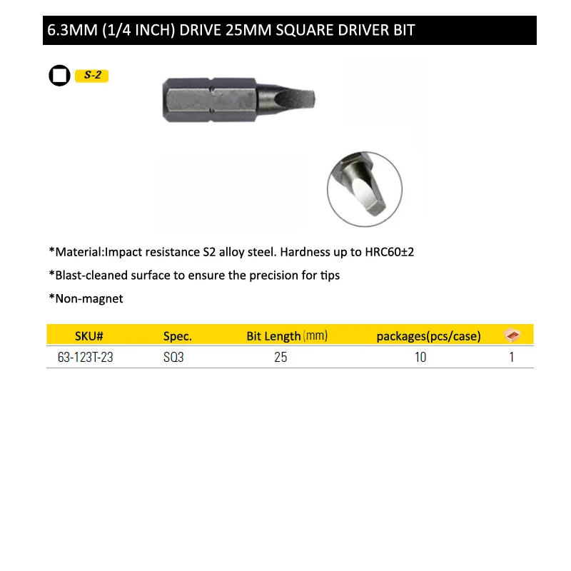 Stanley 10pcs 1/4 inch hex shank 25mm square screwdriver bit SQ3 dia. 8mm electric driver drill bits non-magnet S2 alloy steel