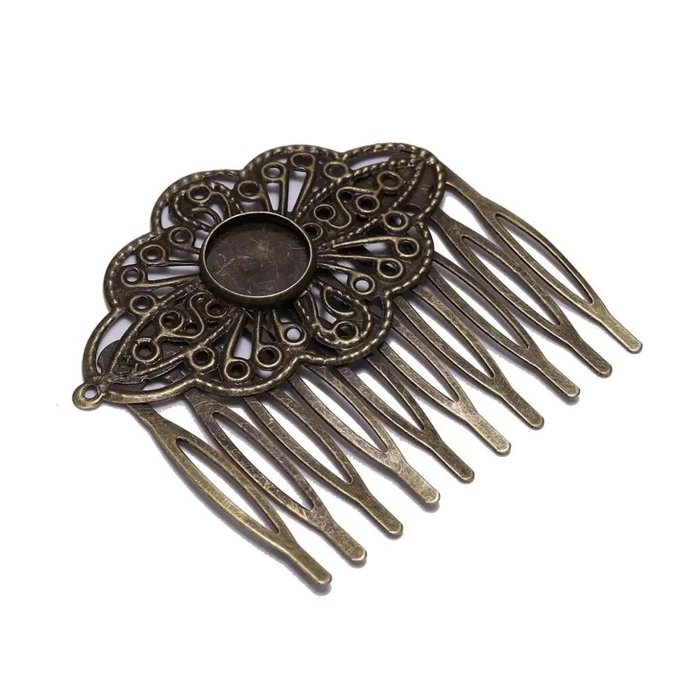 5pcs 52*56mm Bronze Metal Hair Comb 12mm Glass Cabochons Settings Hair Clips For Jewelry Making Findings DIY Hairpins Accessorie