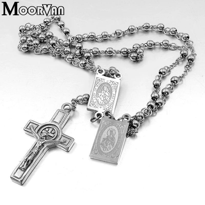 Moorvan 4mm,66cm long gold color men rosary bead necklace Stainless steel Religion of Jesus ,women cross jewelry, 2 colors