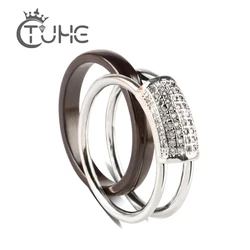 2pcs/Set Ceramic Rings Rectangle CZ Crystal Cabochon Detachable Middle Layer 3mm Ceramic Rings DIY Fashion Rings For Women Men