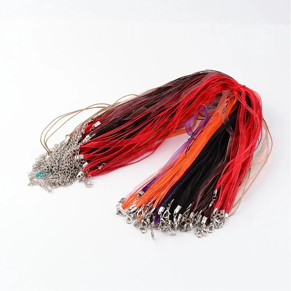 Mixed Color Organza Ribbon Necklace Cord for Jewelry Making DIY, with Cotton Wax Cord & Silver Color Iron Clasp, 430x6mm,100Str