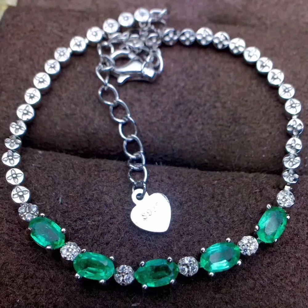 Natural Emerald 100% 925 Sterling Silver Bracelet for Women Vintage Fine Jewelry Wedding Precious Gift for Mother