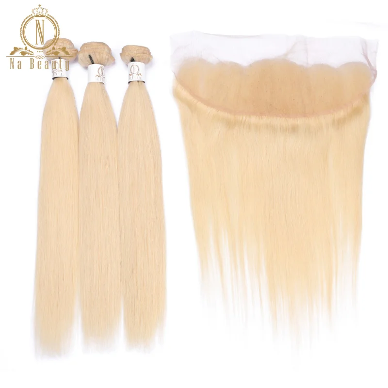 Na Beauty – Extensions de cheveux naturels brésiliens, couleur blond 613, 13x4, avec Lace Frontal Closure, Non Remy, pre-plucked, lots de 3