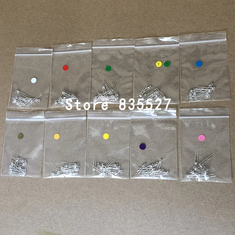 100pcs/lot 3MM F3 Kit Mixed 10 colors : White/Warm white/Red/2 Green/Blue/Pink/Purple UV/Orange/Yellow LED light emitting diode