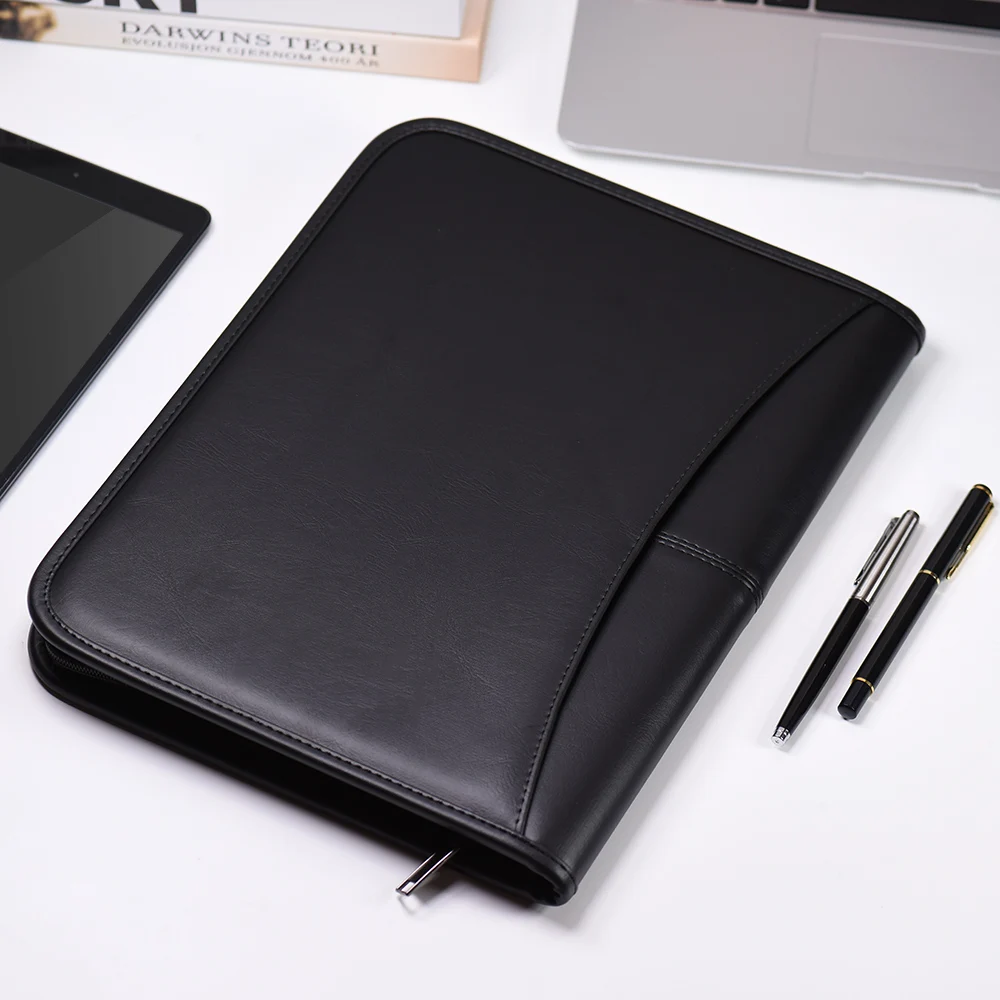 Multifunctional Professional Business Portfolio Padfolio Folder Document Case A4 PU Leather Zippered Closure with Card Holder