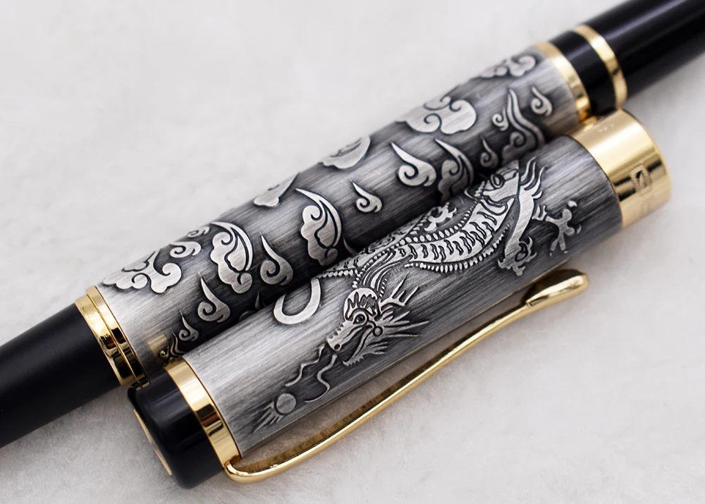 Jinhao 5000 Vintage Luxurious Metal Rollerball Pen Beautiful Dragon Texture Carving, Gray Color Ink Pen for Office Business