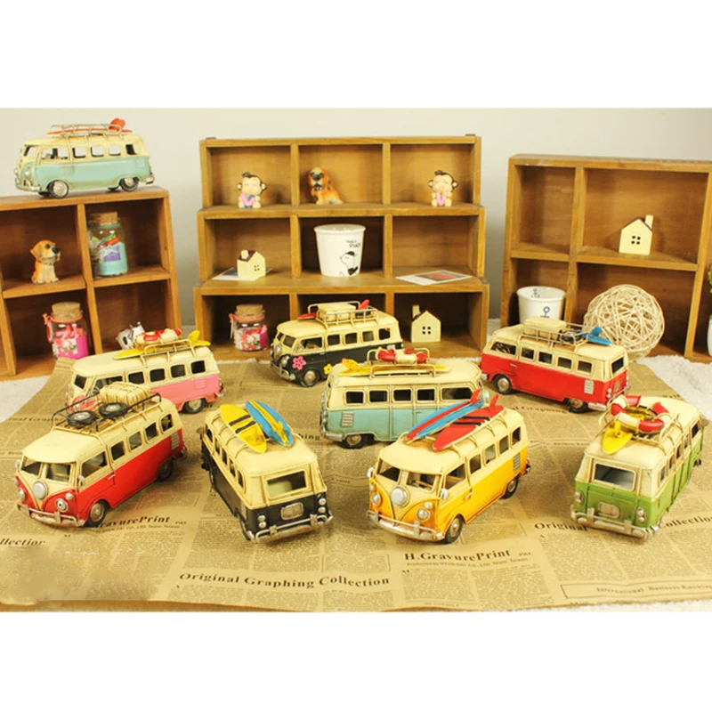 mini car model toys Retro classic car camping bus iron ornaments home coffee shop wedding decorations gifts high quality